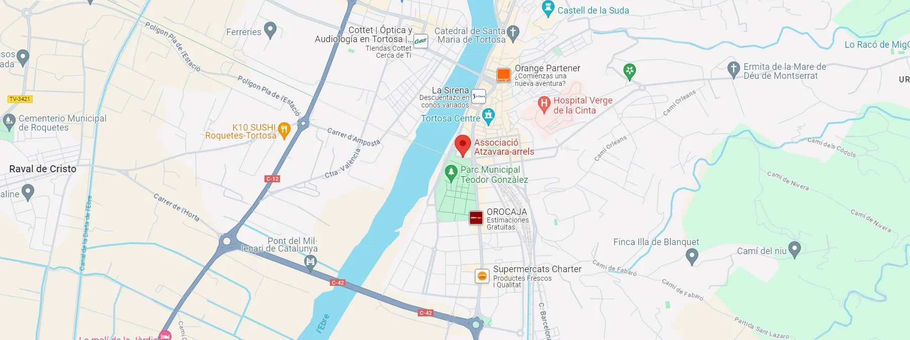 Mapa de l'ubicació de Atzavara-Arrels a la localitat de Tortosa, vora el riu Ebre